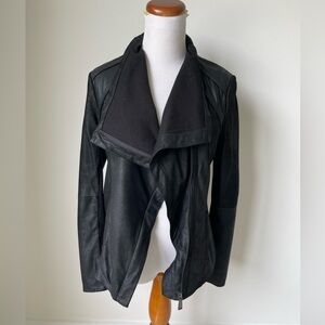 Elie Tahari Andreas Draped Collar Black Lamb Leather Moto Jacket Sz S Knit Trim